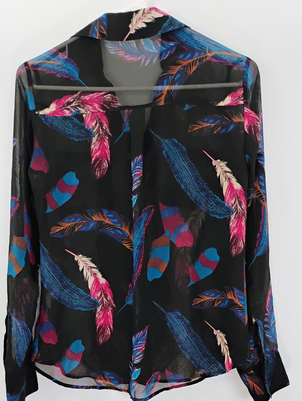 Express Portofino Black Sheer Colorful Feather Button-Down Blouse Looks Great XS - Picture 3 of 8